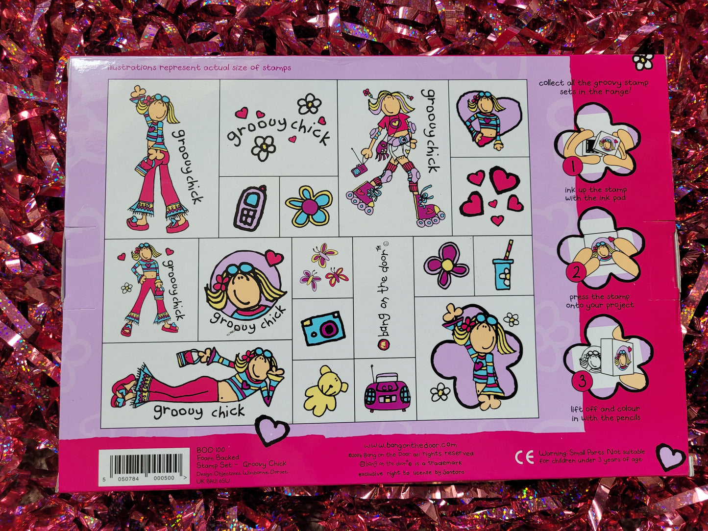 Back of the box with colour images of the stamps and instruction of how to use the stamps. Ink up the stamp, press the stamp onto your project, lift off and colour in with the pencils