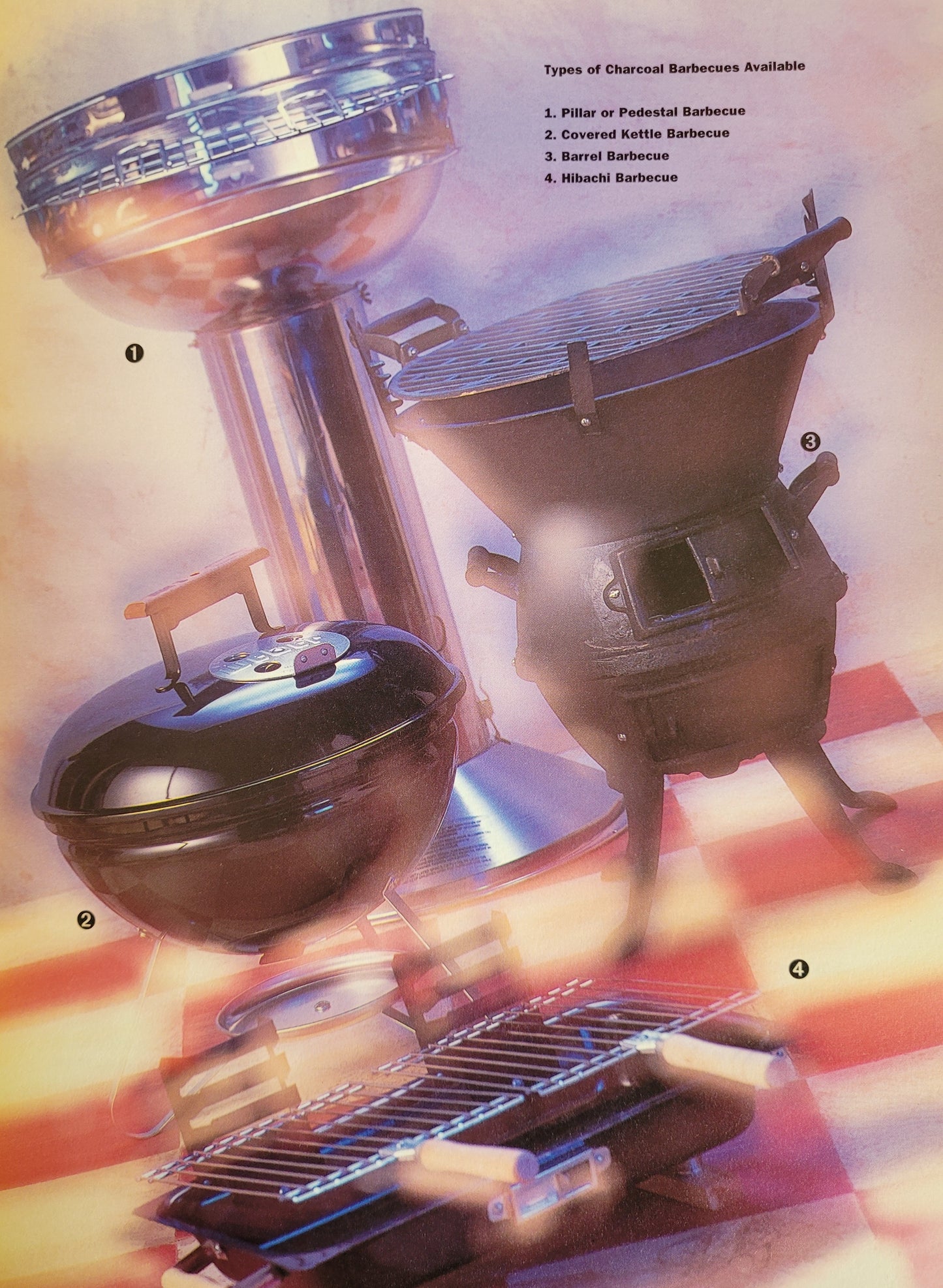 Photograph of various types of charcoal barbeques against a white and red chequered tile floor. Edited in a hazy, blurry 90s style.