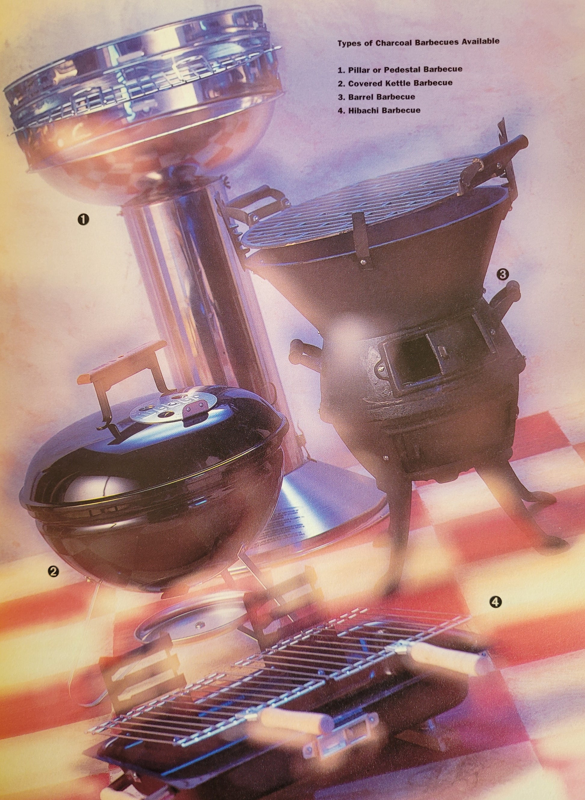 Photograph of various types of charcoal barbeques against a white and red chequered tile floor. Edited in a hazy, blurry 90s style.